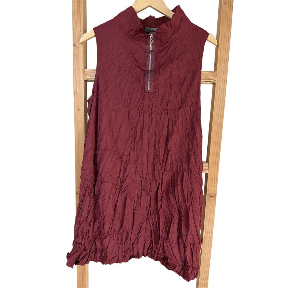 NWT Shana Red High Neck Half Zip Crinkle Long Tunic Top Size XS USA